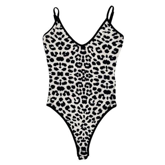 superdown Tops - Superdown Bodysuit XS Braxton White Leopard Print Stretch Snap Bottom Thong Back